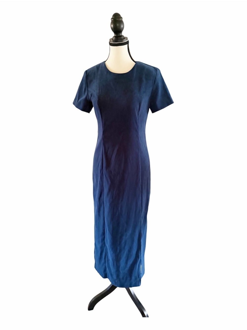 Vintage 90’s Faux Suede Jessica Navy Short-Sleeve Maxi Dress Front Slit Size 4